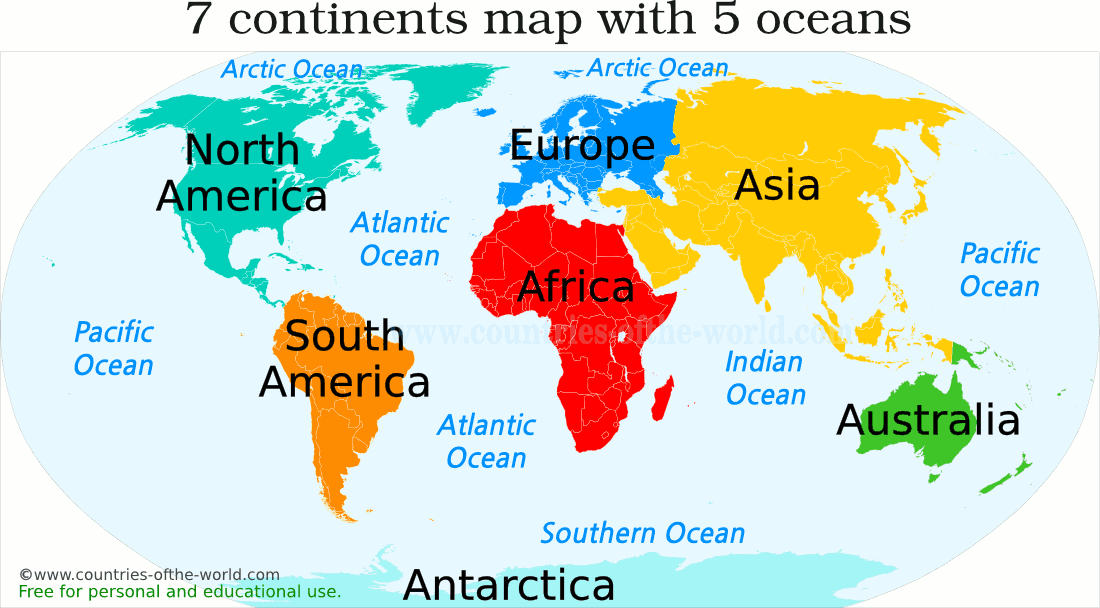 7 continents of the world with 5 oceans on the map